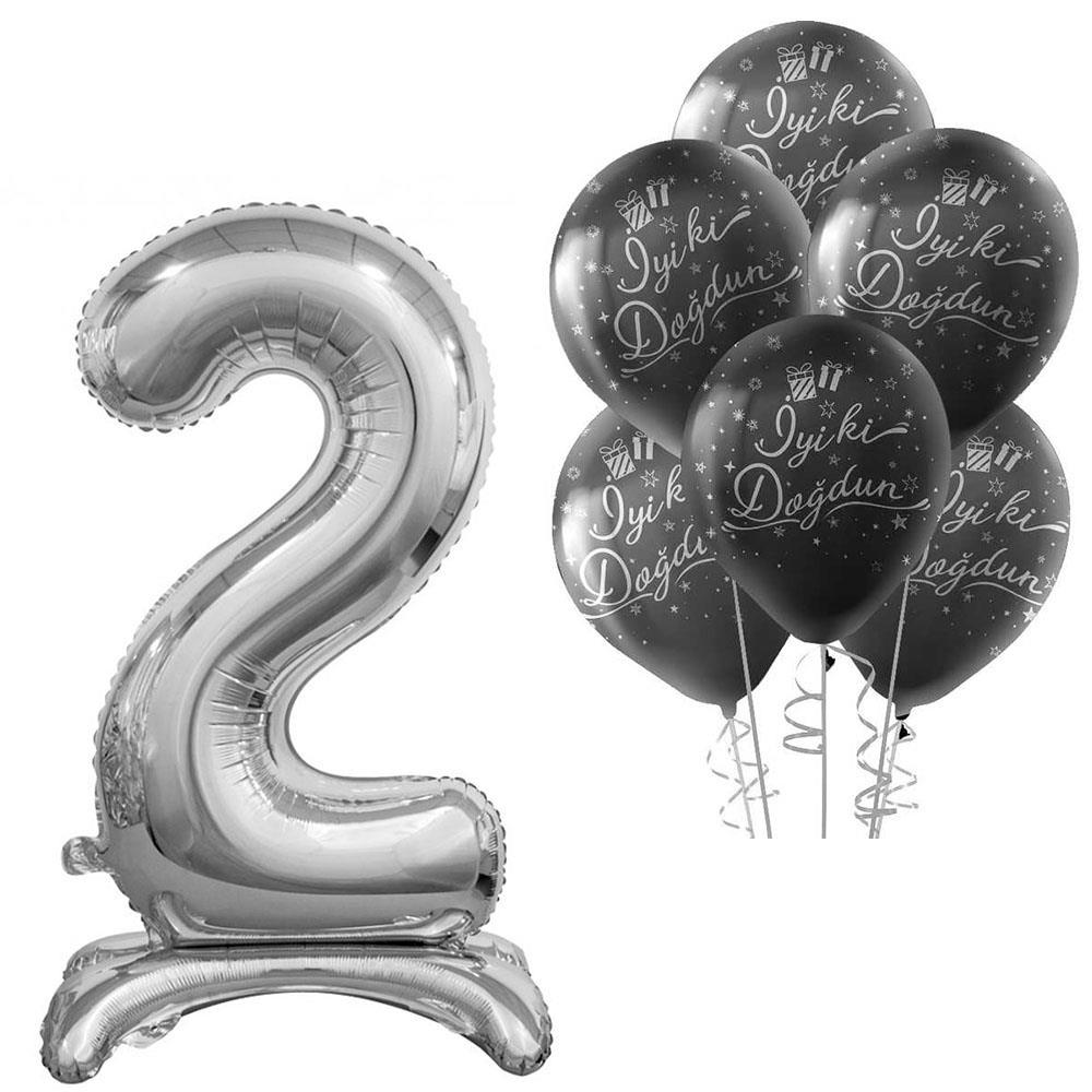2 Rakam Ayakta Durabilen Gümüş İyi ki Doğdun Balonlu Set