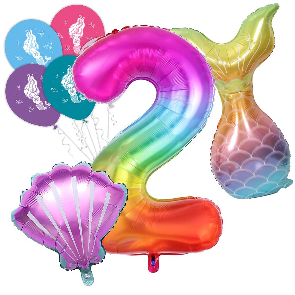 2 Rakam Gökkuşağı Deniz Kızı Folyo Balon Seti