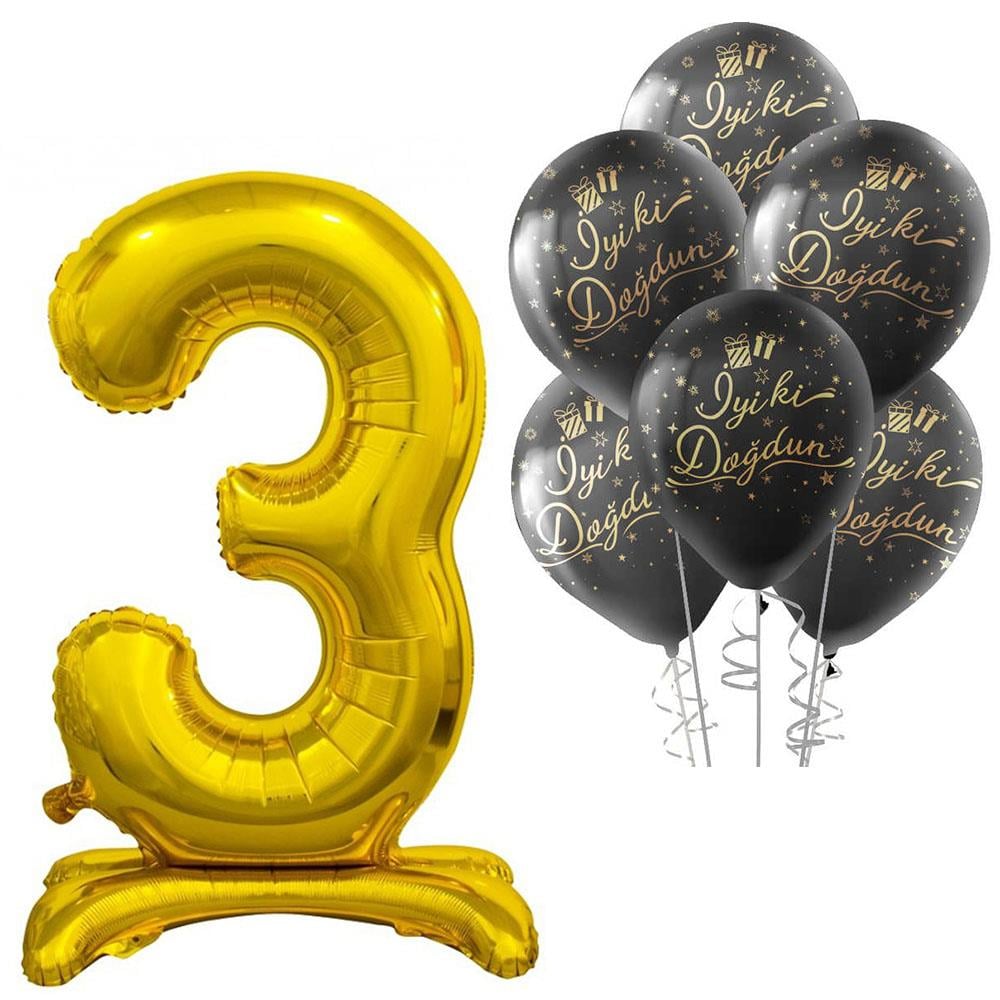 3 Rakam Ayakta Durabilen Altın İyi ki Doğdun Balonlu Set