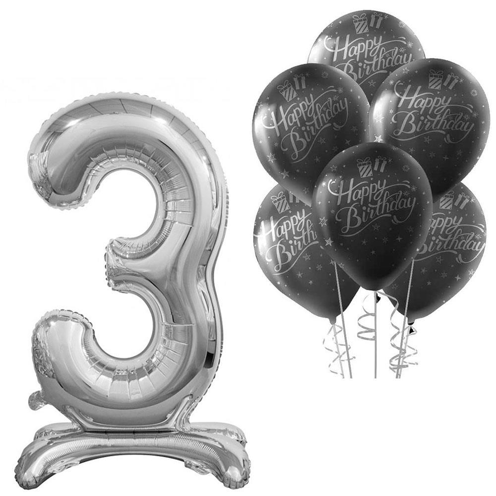 3 Rakam Ayakta Durabilen Gümüş Happy Birthday Balonlu Set