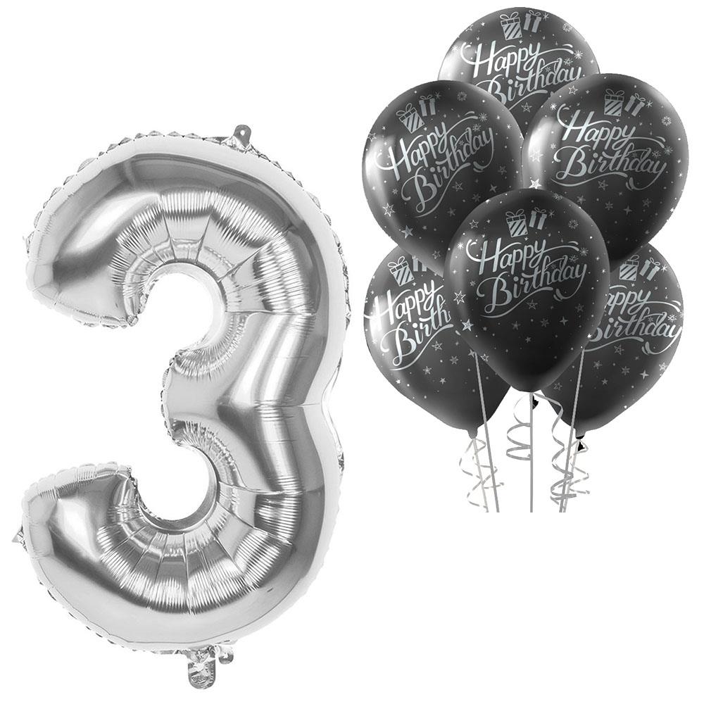 3 Rakam Gümüş Happy Birthday Balonlu Set