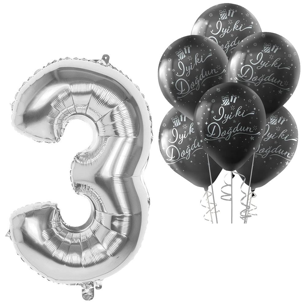 3 Rakam Gümüş İyi ki Doğdun Balonlu Set