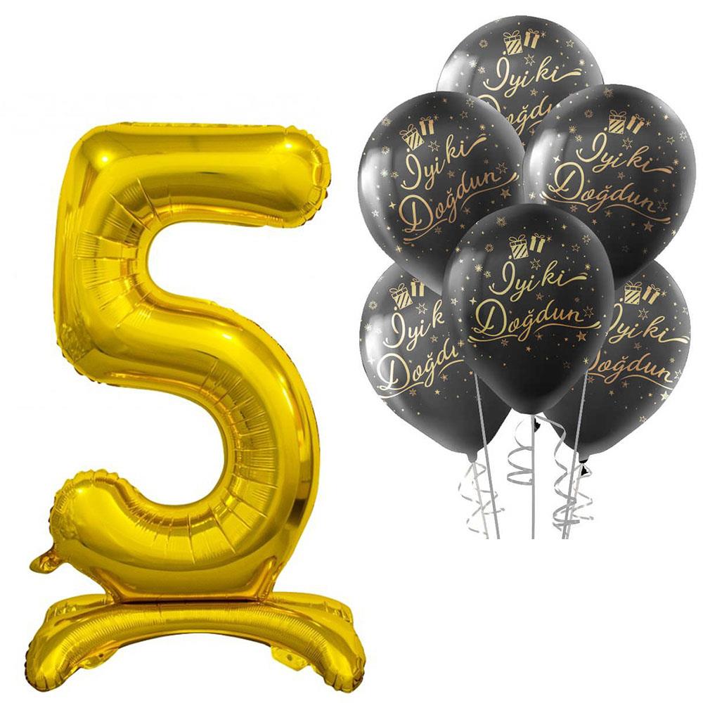 5 Rakam Ayakta Durabilen Altın İyi ki Doğdun Balonlu Set