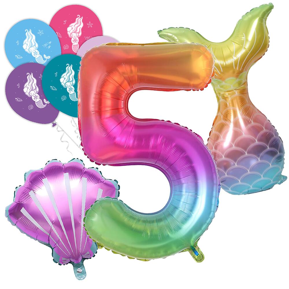5 Rakam Gökkuşağı Deniz Kızı Folyo Balon Seti