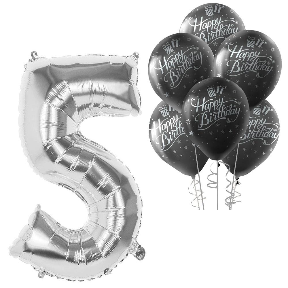 5 Rakam Gümüş Happy Birthday Balonlu Set