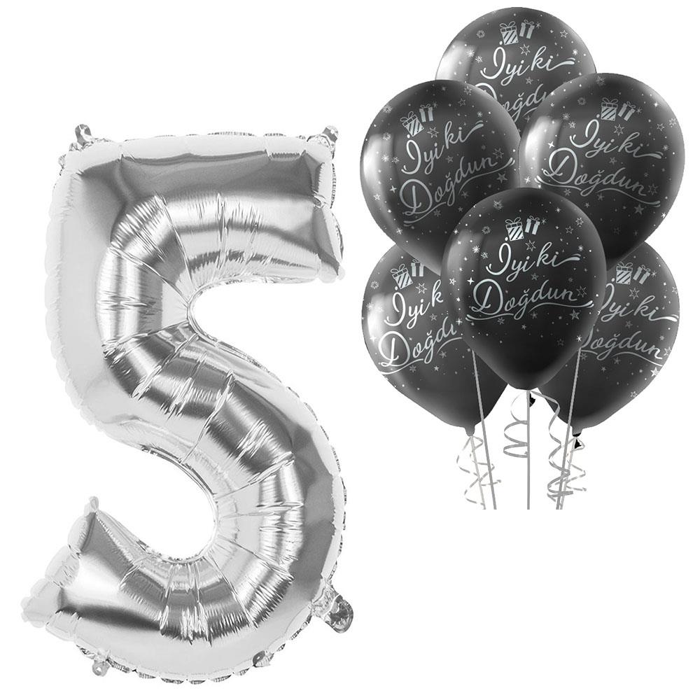 5 Rakam Gümüş İyi ki Doğdun Balonlu Set