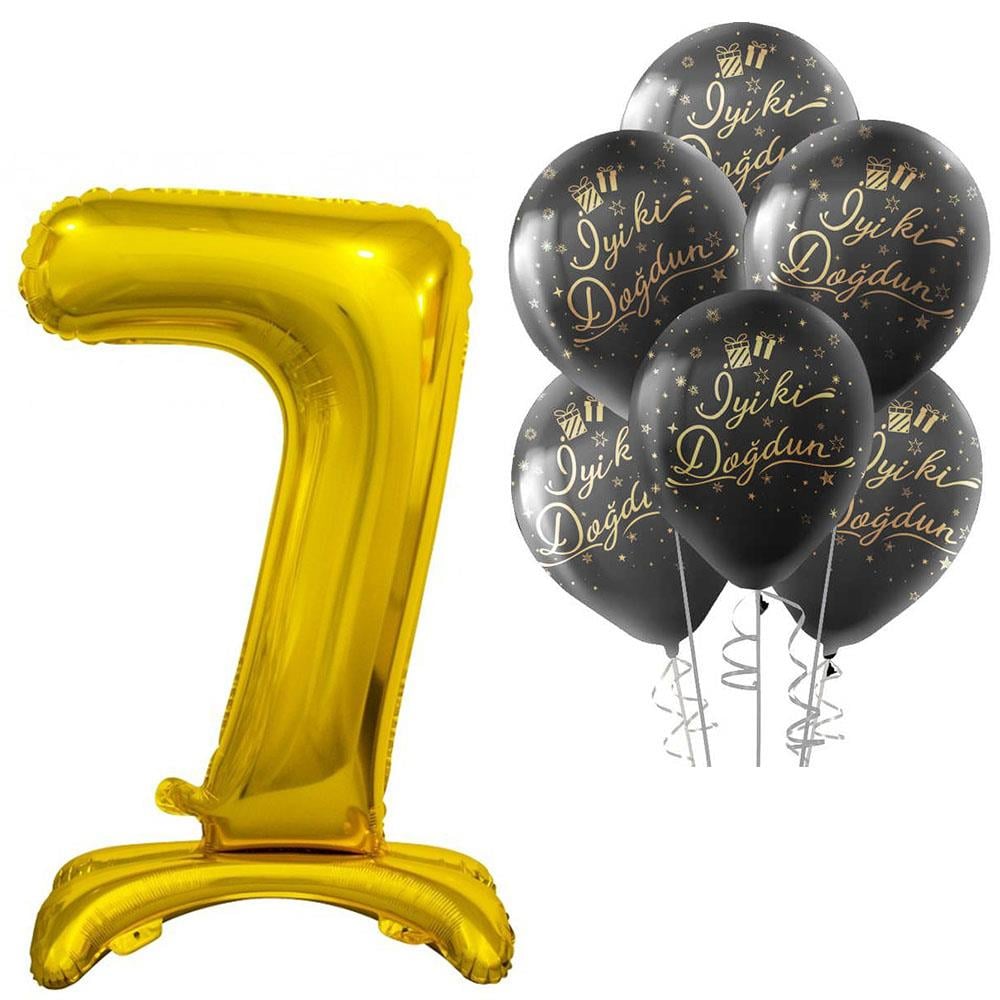 7 Rakam Ayakta Durabilen Altın İyi ki Doğdun Balonlu Set