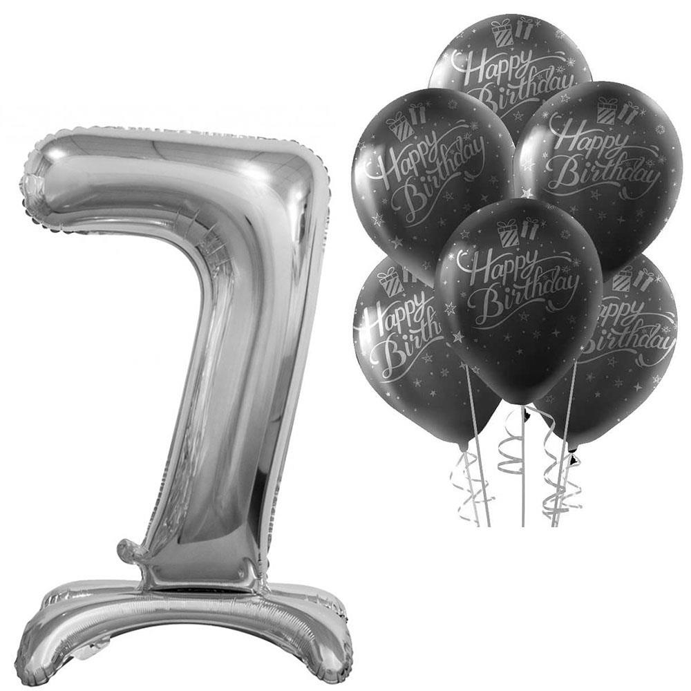 7 Rakam Ayakta Durabilen Gümüş Happy Birthday Balonlu Set