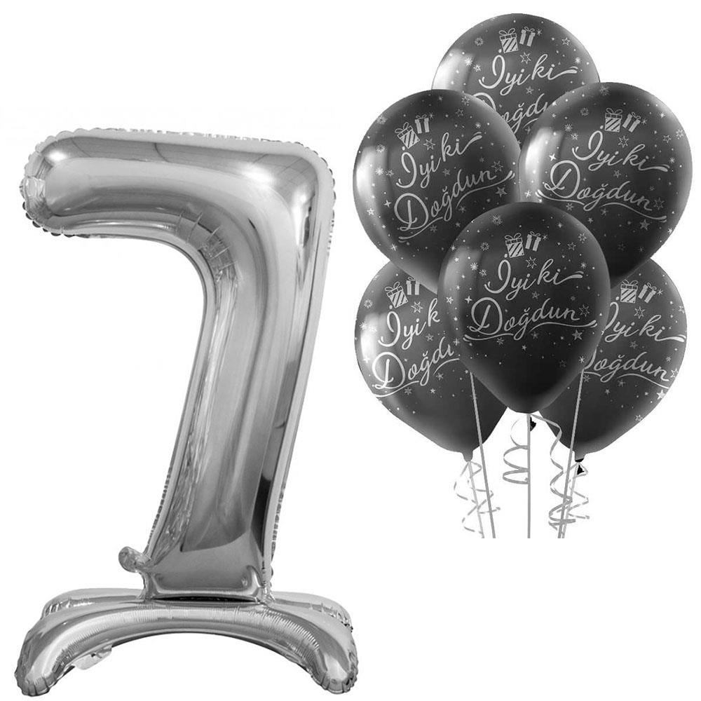7 Rakam Ayakta Durabilen Gümüş İyi ki Doğdun Balonlu Set