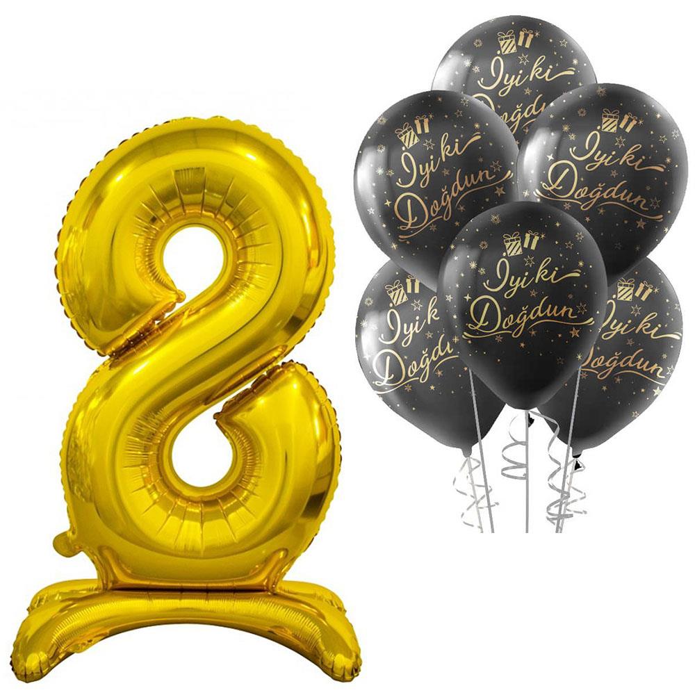 8 Rakam Ayakta Durabilen Altın İyi ki Doğdun Balonlu Set