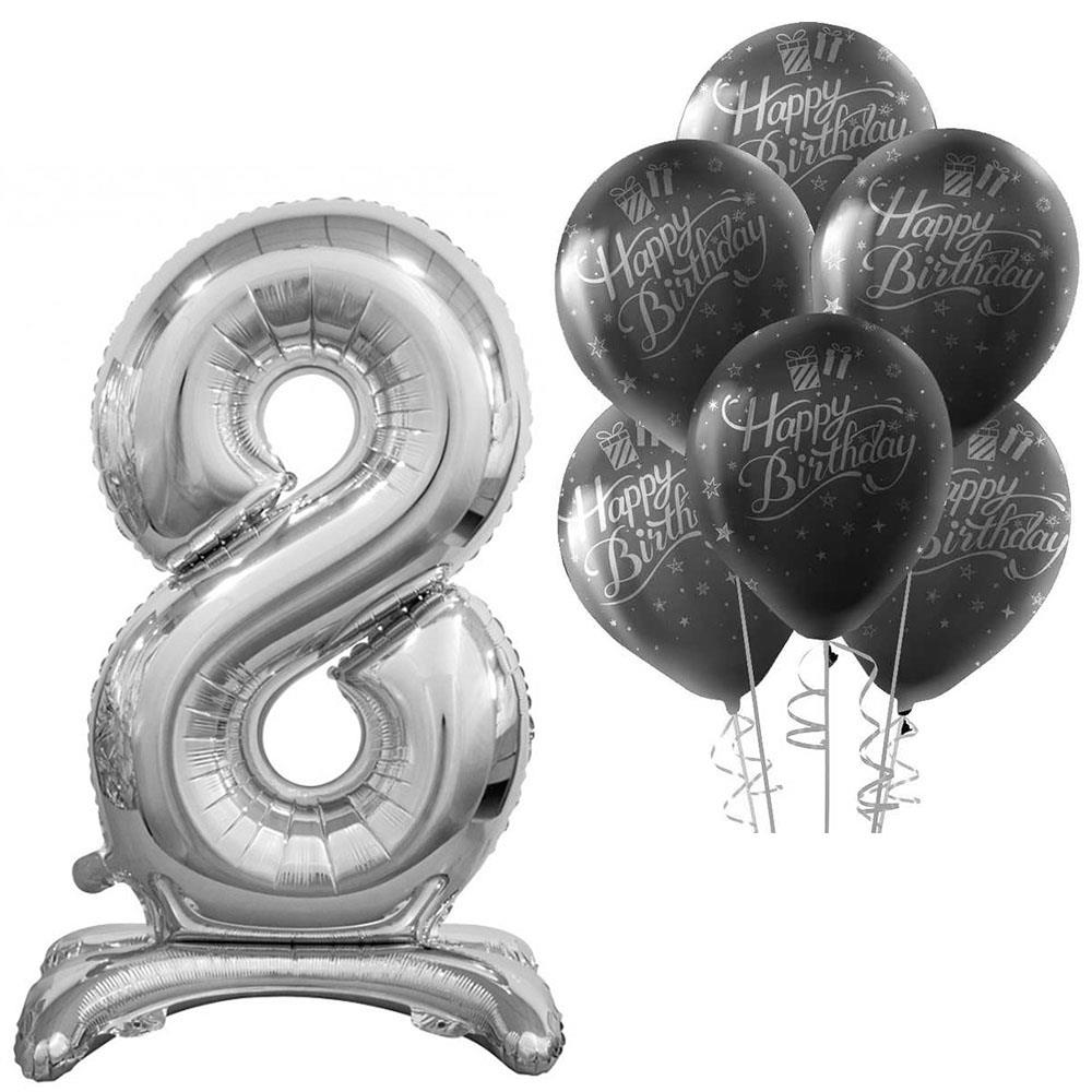 8 Rakam Ayakta Durabilen Gümüş Happy Birthday Balonlu Set