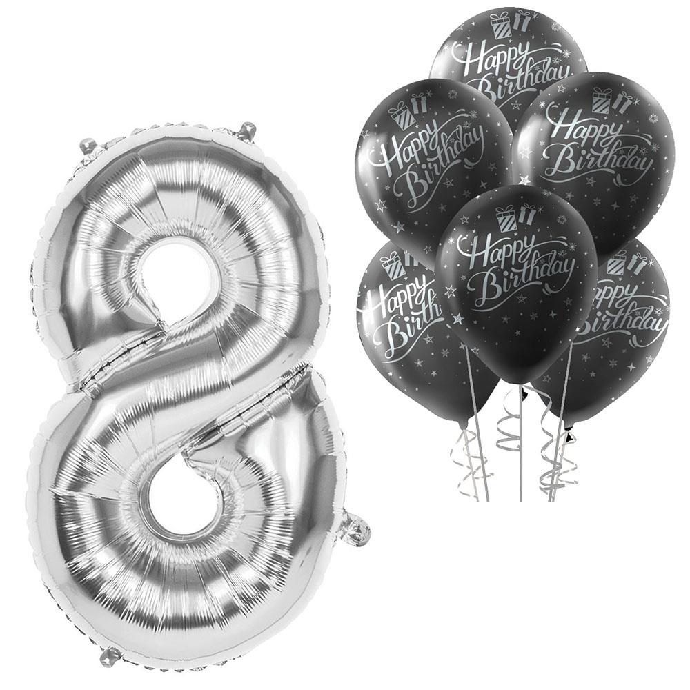 8 Rakam Gümüş Happy Birthday Balonlu Set