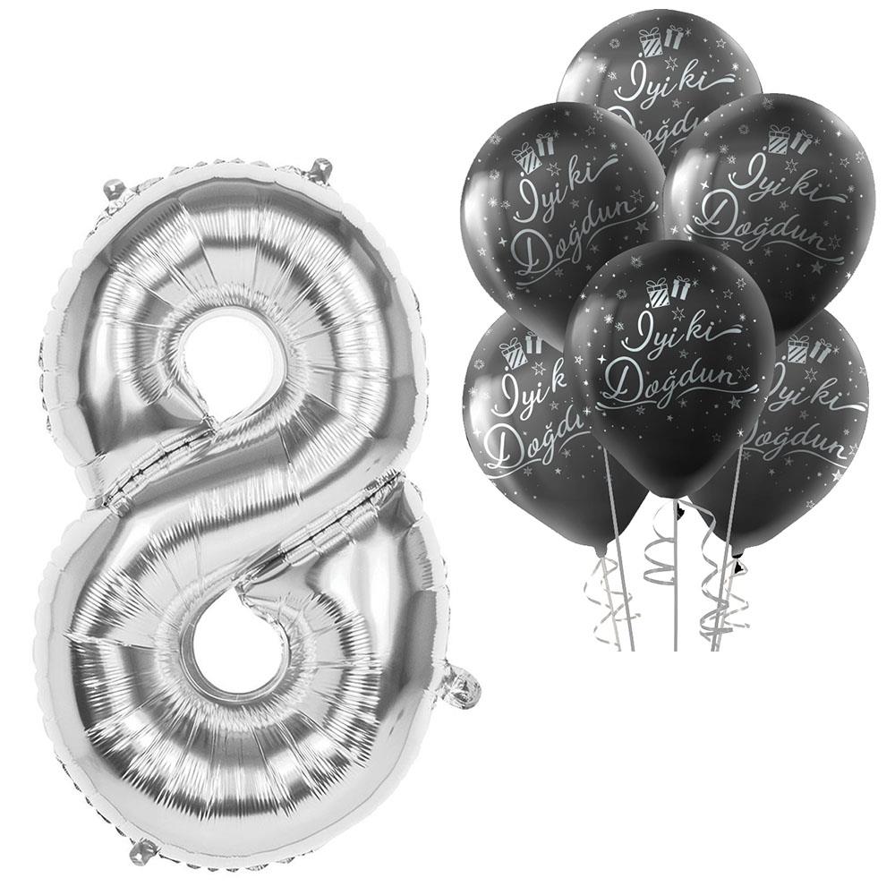8 Rakam Gümüş İyi ki Doğdun Balonlu Set