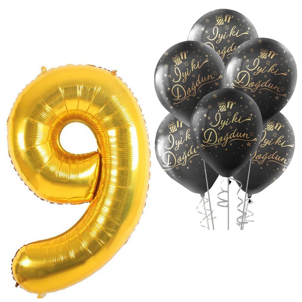 9 Rakam Altın İyi ki Doğdun Balonlu Set