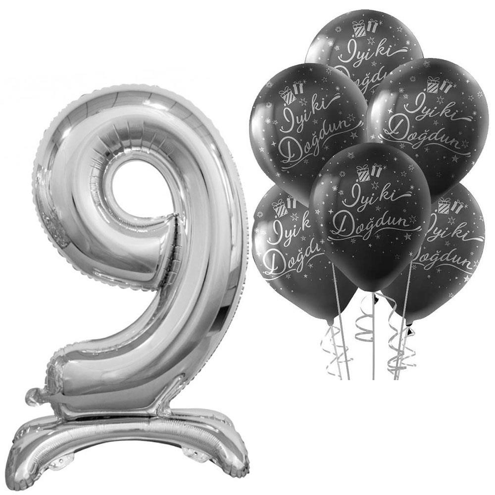 9 Rakam Ayakta Durabilen Gümüş İyi ki Doğdun Balonlu Set