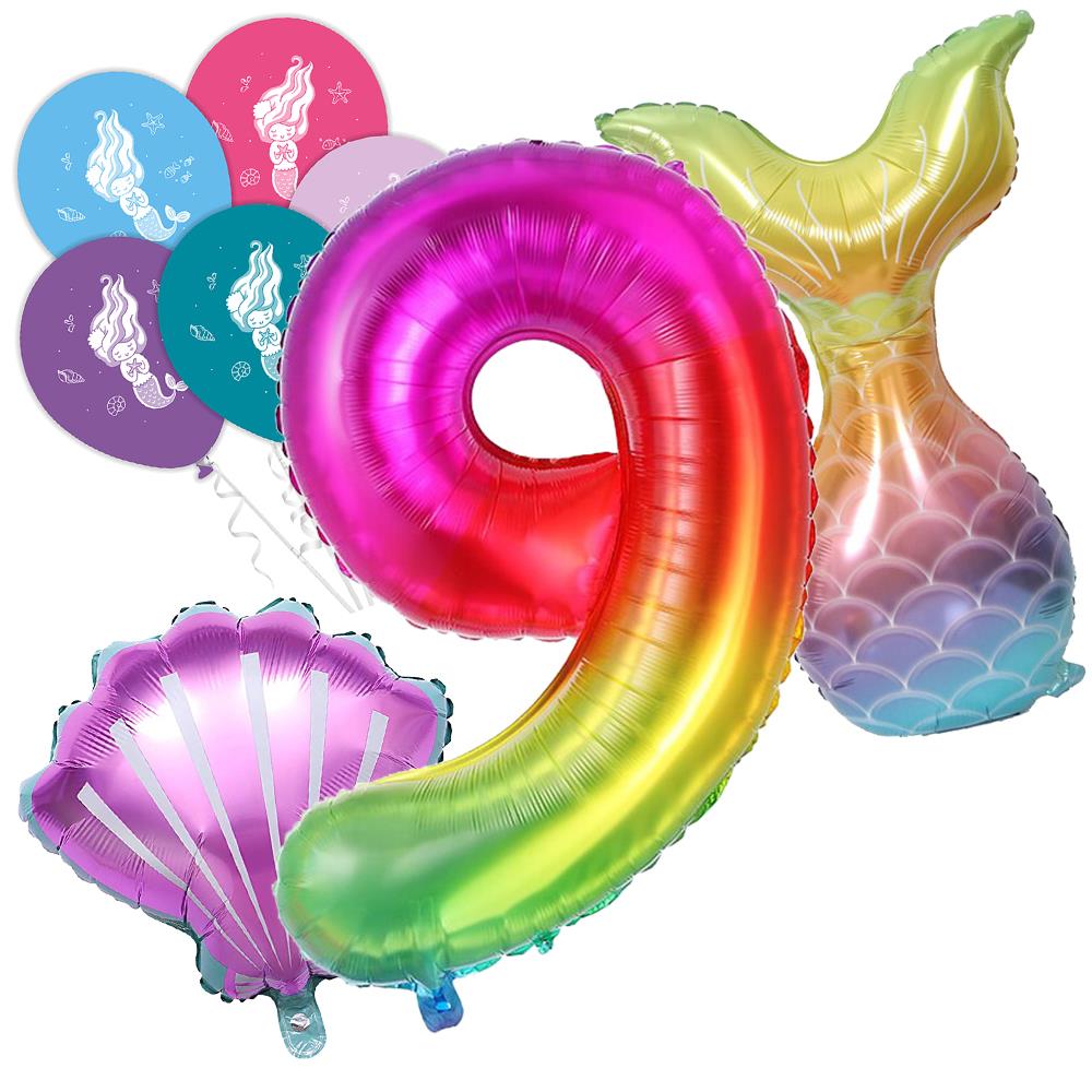 9 Rakam Gökkuşağı Deniz Kızı Folyo Balon Seti