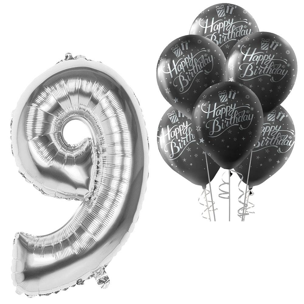 9 Rakam Gümüş Happy Birthday Balonlu Set