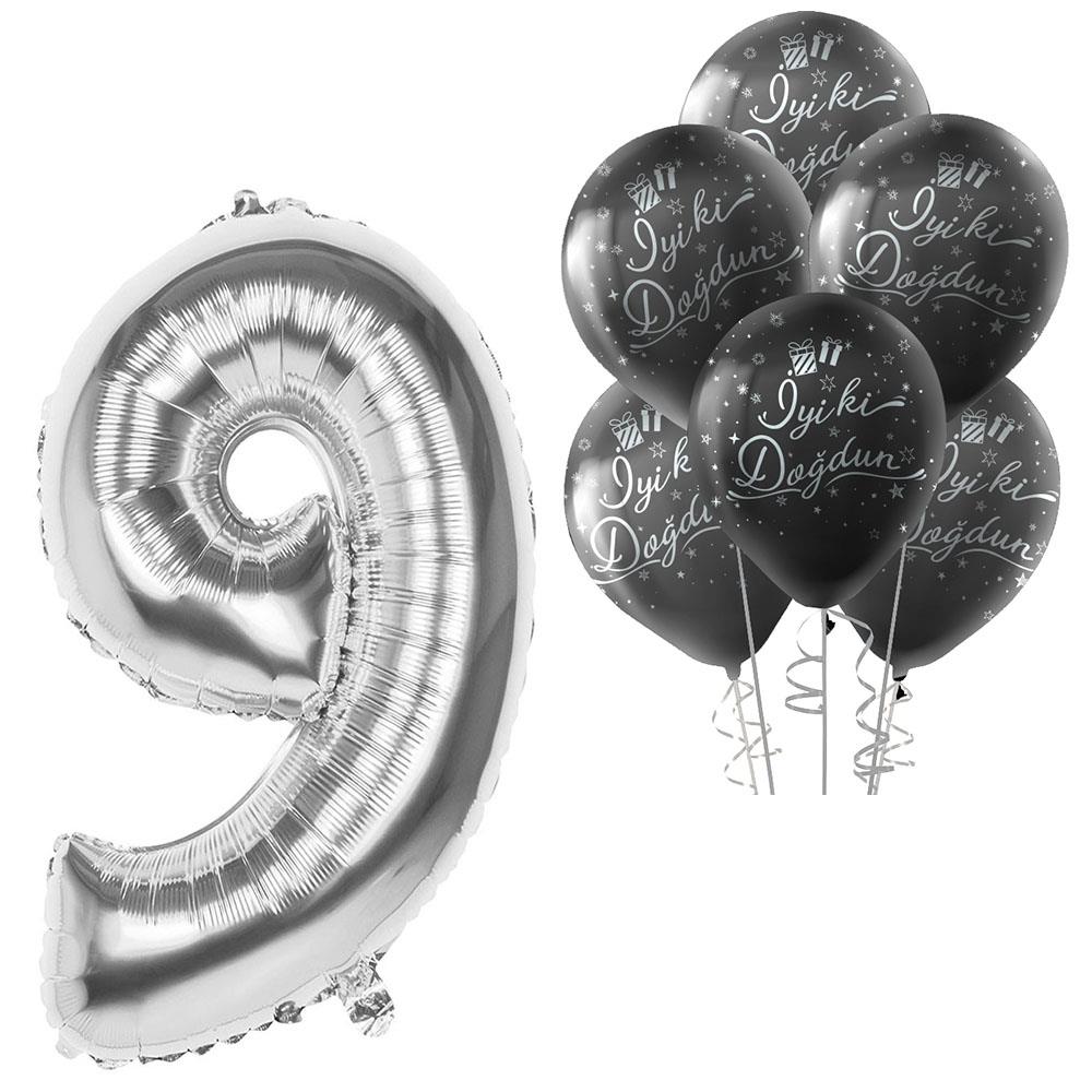 9 Rakam Gümüş İyi ki Doğdun Balonlu Set