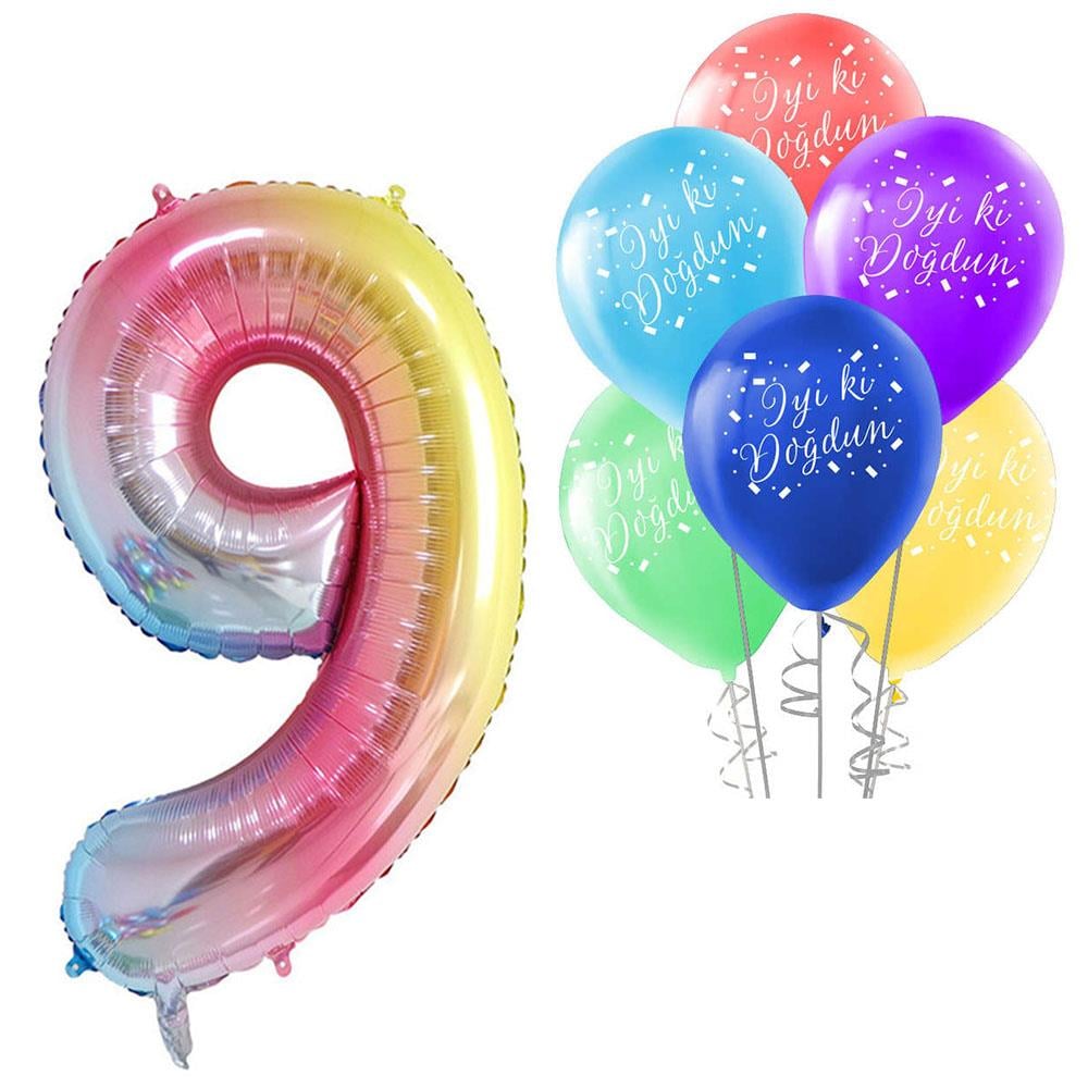 9 Rakam Rengarenk İyi ki Doğdun Balonlu Set