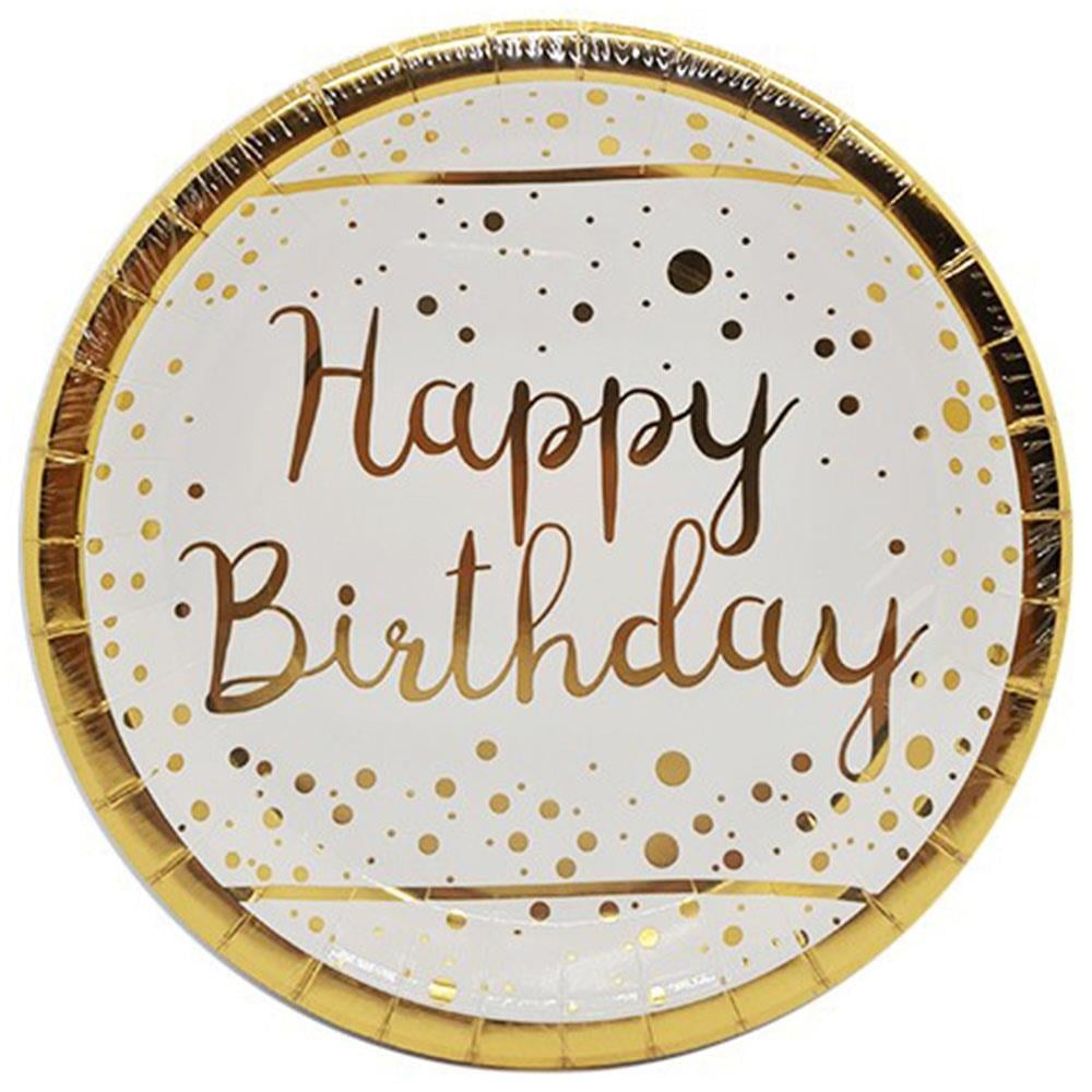 Altın Happy Birthday Baskılı Beyaz Karton Tabak 23 cm 8'li