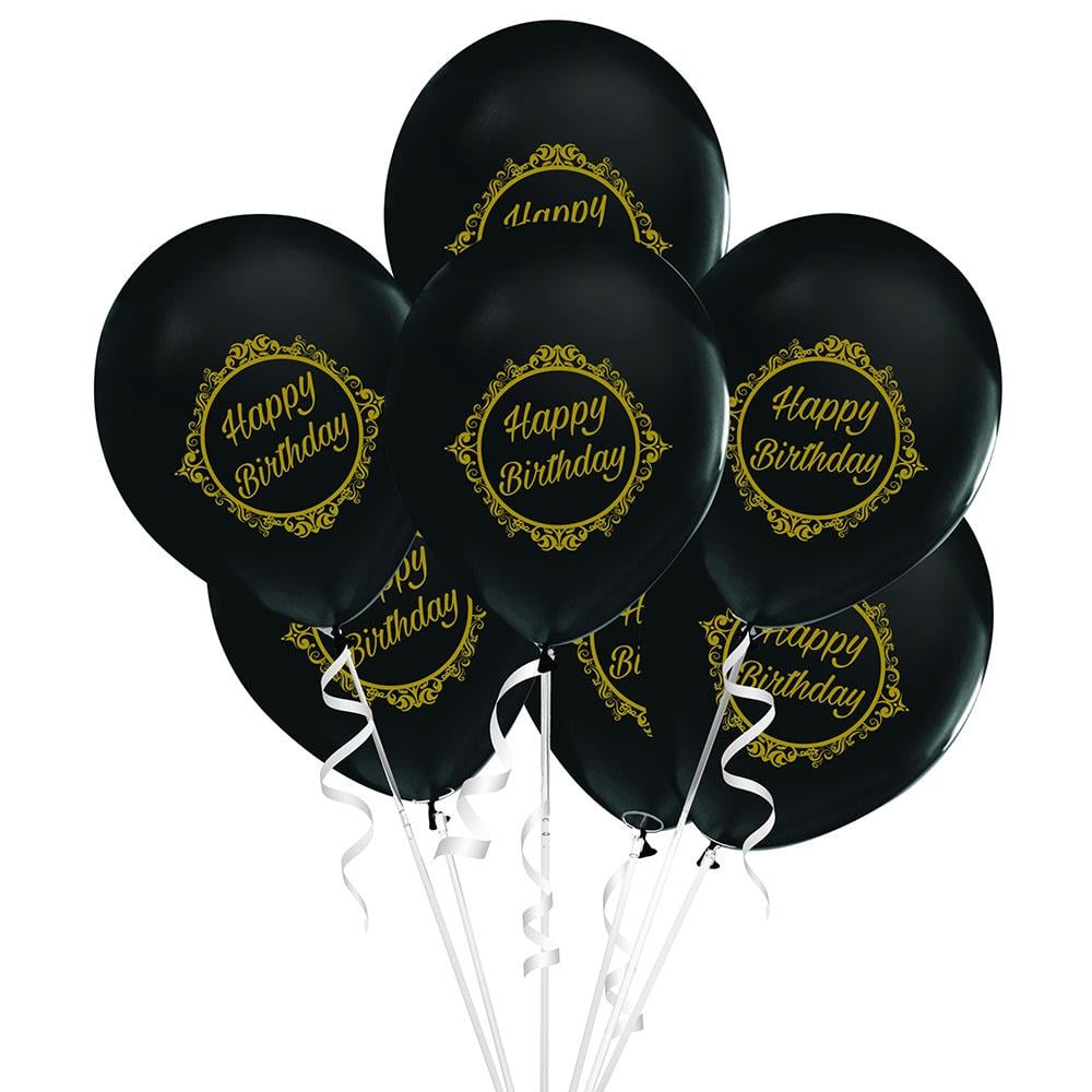 Altın Happy Birthday Baskılı Siyah Lateks Balon 10'lu
