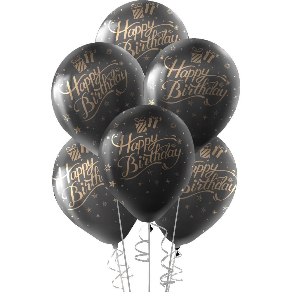 Altın Happy Birthday Baskılı Siyah Lateks Balon 10'lu