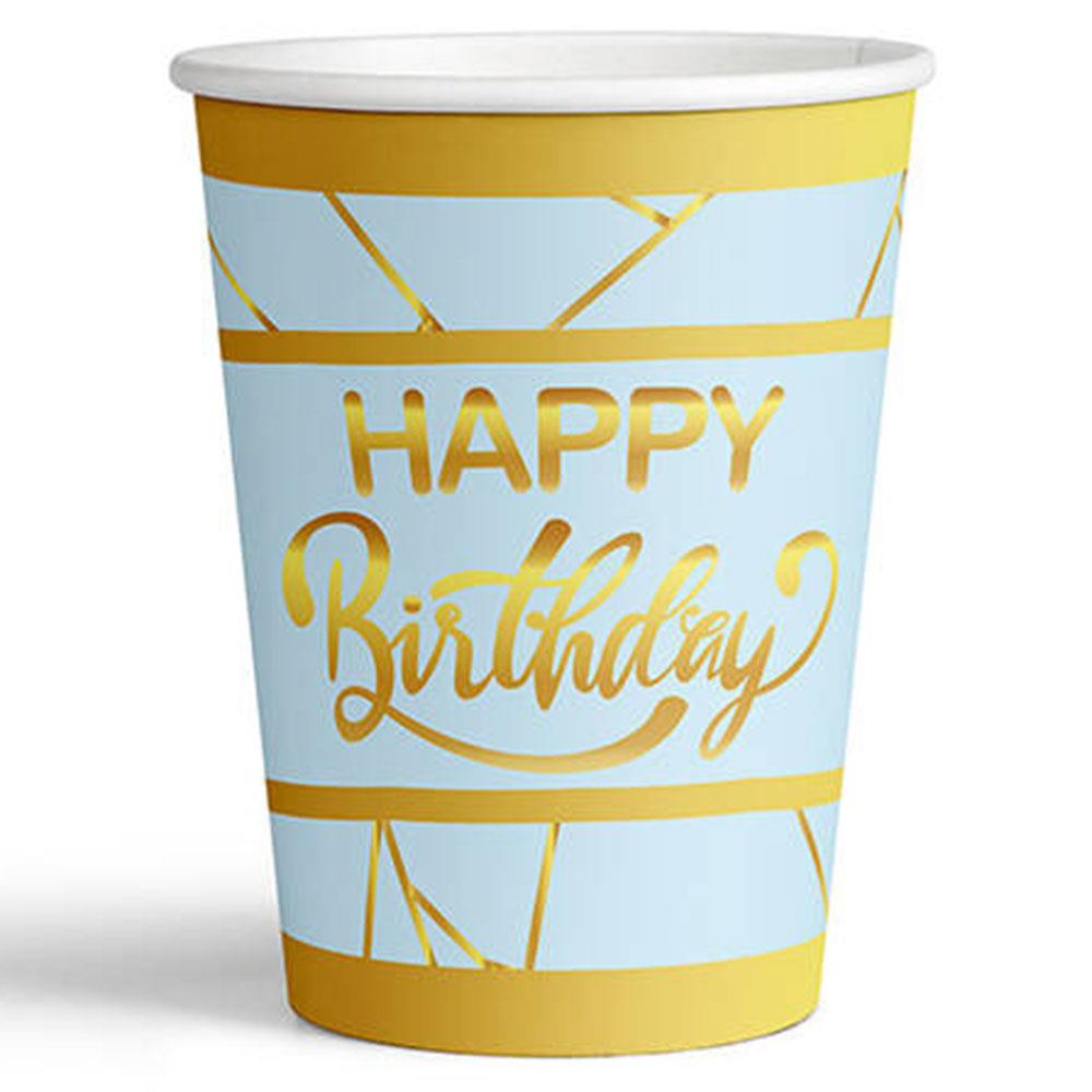 Altın Happy Birthday Yaldız Baskılı Karton Bardak Mavi 8'li