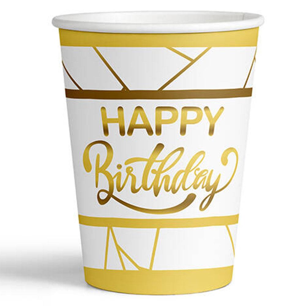 Altın Happy Birthday Yaldız Baskılı Karton Bardak Beyaz 8'li