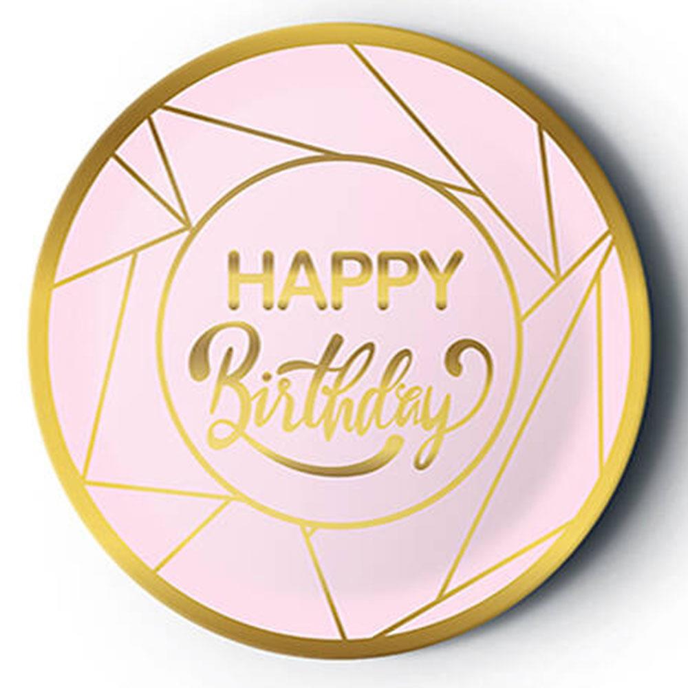 Altın Happy Birthday Yaldız Baskılı Karton Tabak Pembe 23 cm 8'li