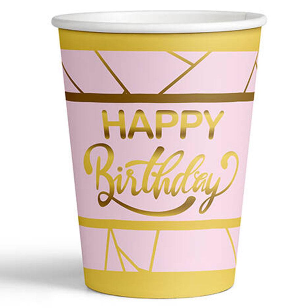 Altın Happy Birthday Yaldız Baskılı Karton Bardak Pembe 8'li