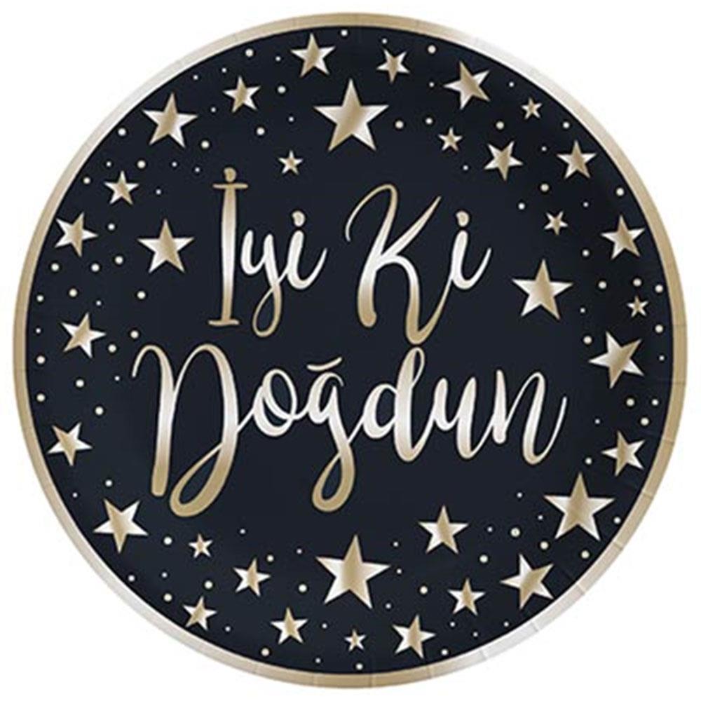 Altın İyi ki Doğdun Baskılı Siyah Karton Tabak 23 cm 8'li