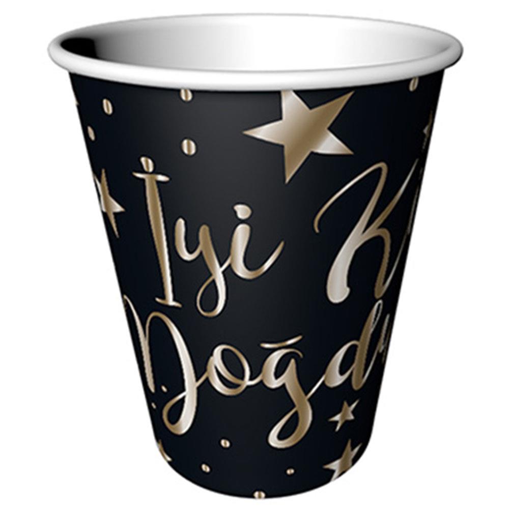 Altın İyi ki Doğdun Baskılı Siyah Karton Bardak 8'li