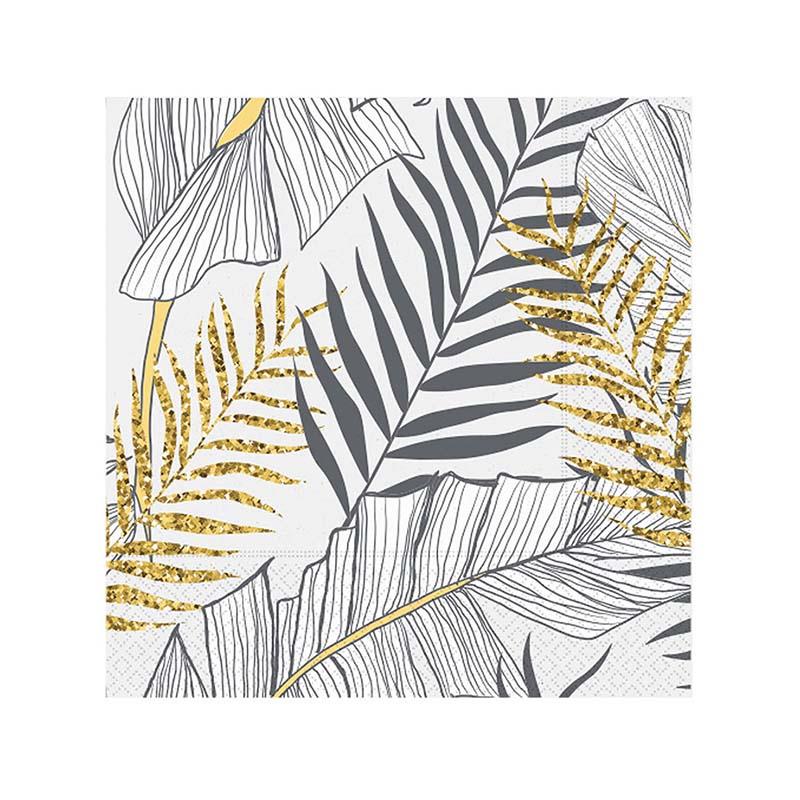 Altın Simli Yapraklar Beyaz Kağıt Peçete 33x33 cm 20'li