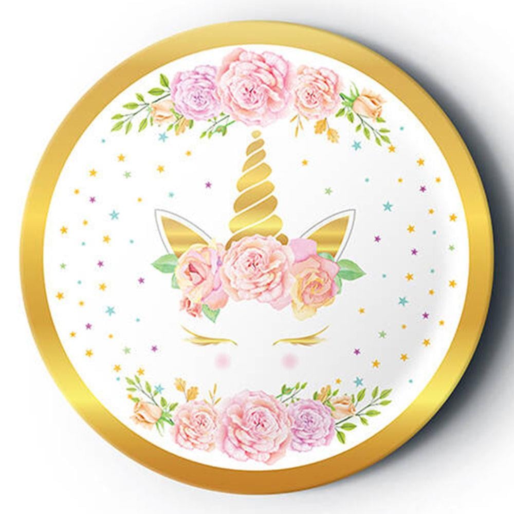 Altın Yaldız Baskılı Unicorn Çiçek Karton Tabak 23 cm 8'li