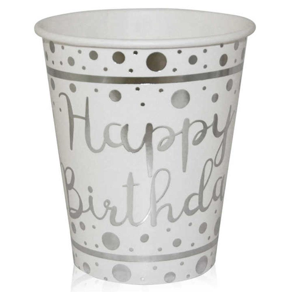 Gümüş Happy Birthday Baskılı Beyaz Karton Bardak 8'li