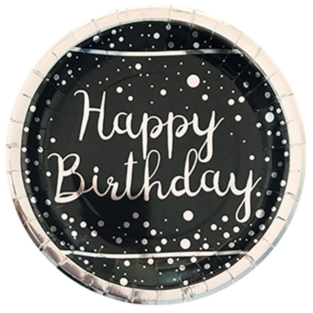 Gümüş Happy Birthday Baskılı Siyah Karton Tabak 23 cm 8'li