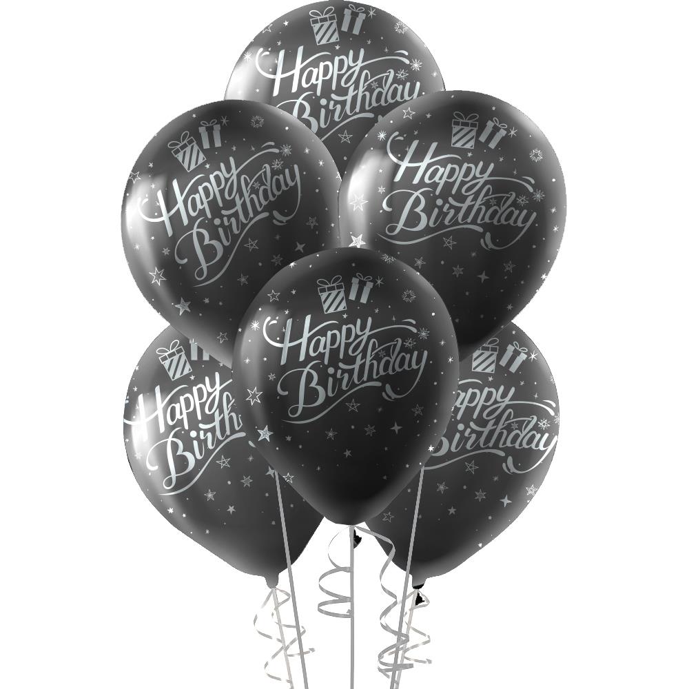 Gümüş Happy Birthday Baskılı Siyah Lateks Balon 10'lu