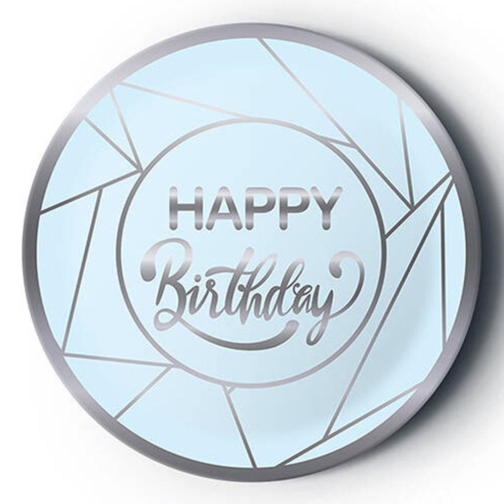 Gümüş Happy Birthday Yaldız Baskılı Karton Tabak Mavi 23 cm 8'li