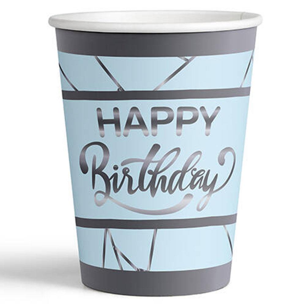 Gümüş Happy Birthday Yaldız Baskılı Karton Bardak Mavi 8'li