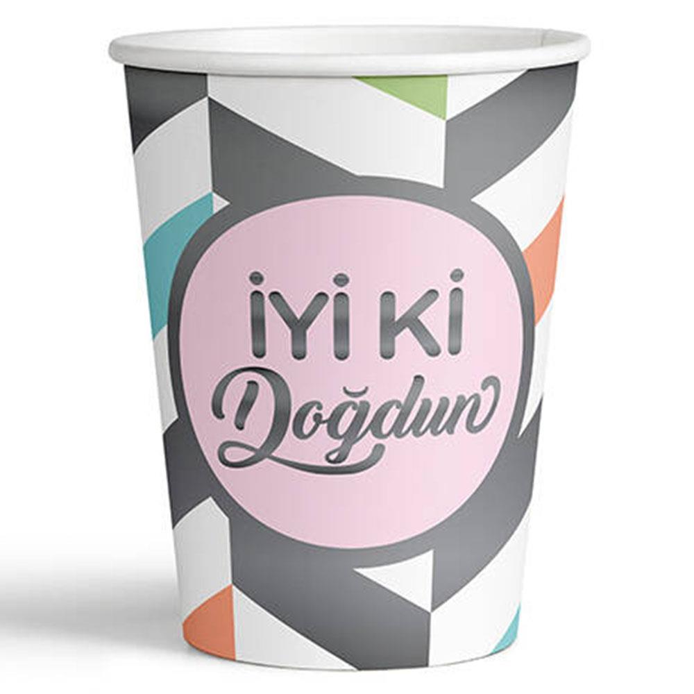 Gümüş İyi ki Doğdun Baskılı Karnaval Karton Bardak Pembe 8'li