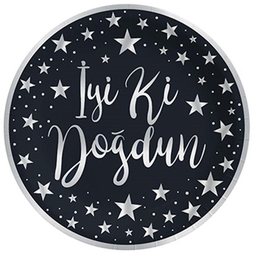 Gümüş İyi ki Doğdun Baskılı Siyah Karton Tabak 23 cm 8'li