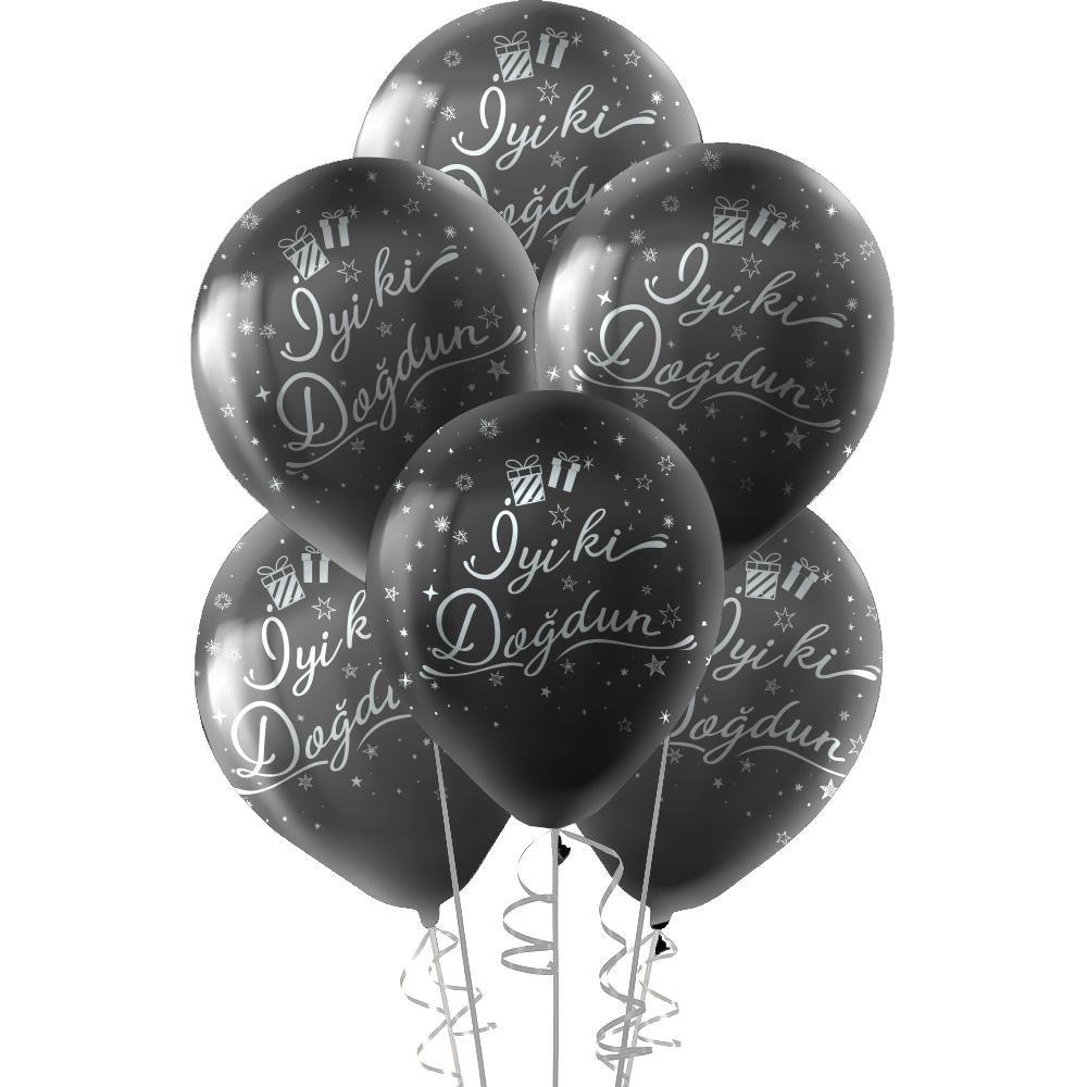 Gümüş İyi ki Doğdun Baskılı Siyah Lateks Balon 10'lu
