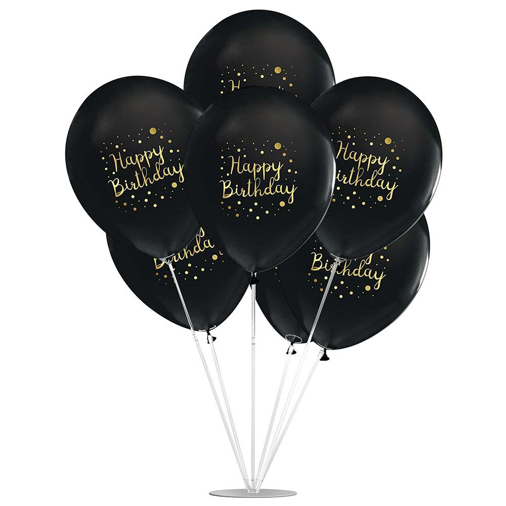 Happy Birthday Altın Baskılı Siyah Balon Stand Set 7'li