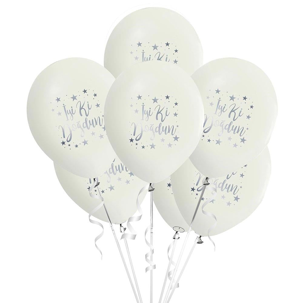 İyi ki Doğdun Gümüş Baskılı Beyaz Lateks Balon 10'lu