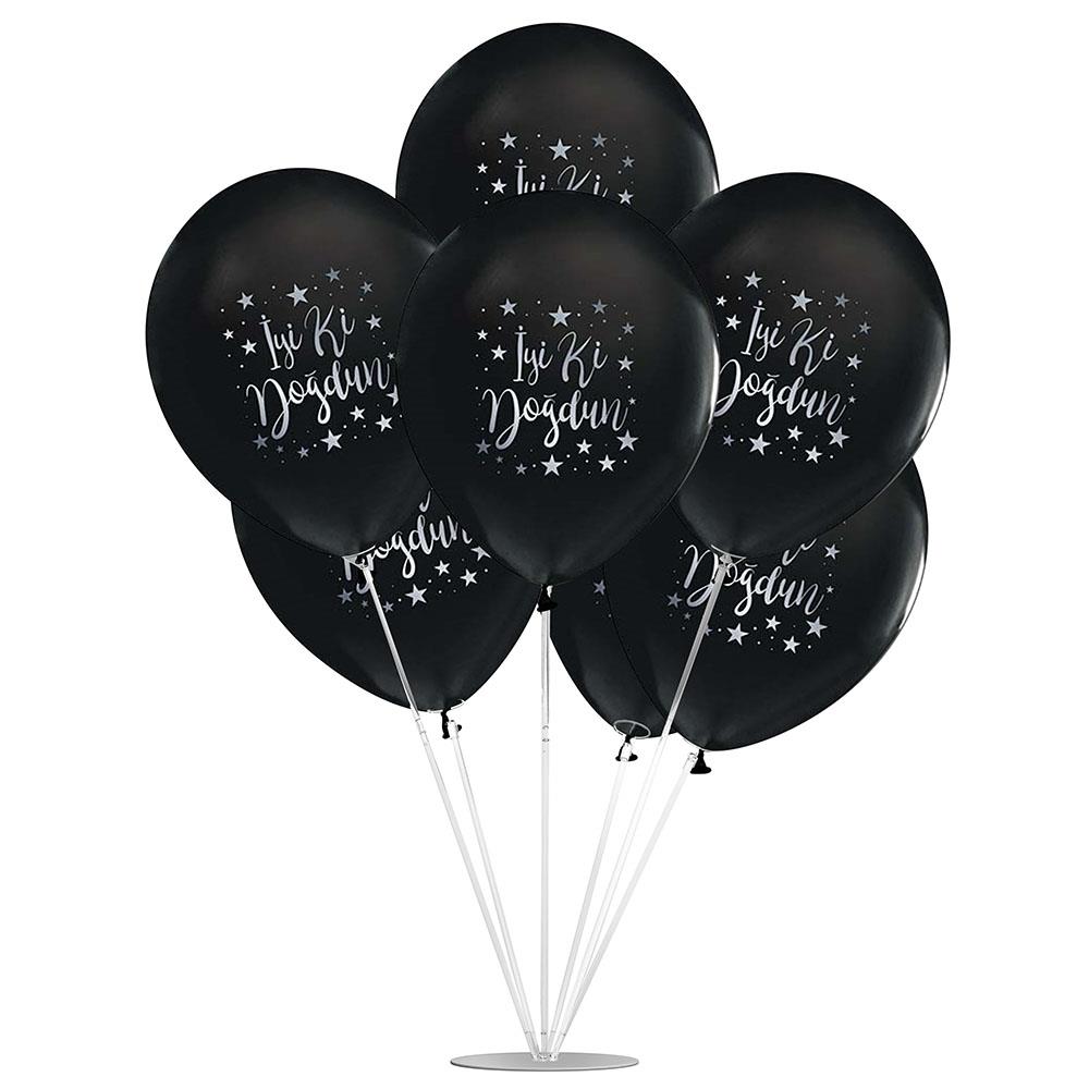 İyi ki Doğdun Gümüş Baskılı Siyah Balon Stand Set 7'li
