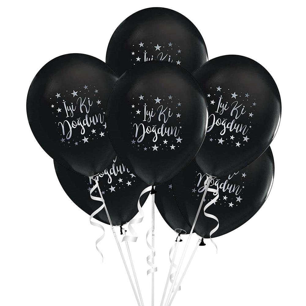 İyi ki Doğdun Gümüş Baskılı Siyah Lateks Balon 10'lu