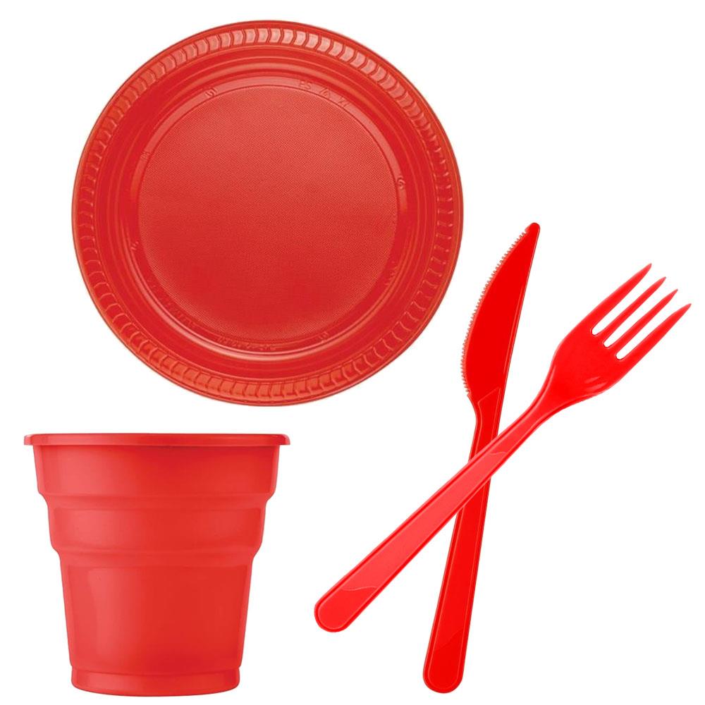 Kırmızı Plastik Sofra Seti 24 Kişilik