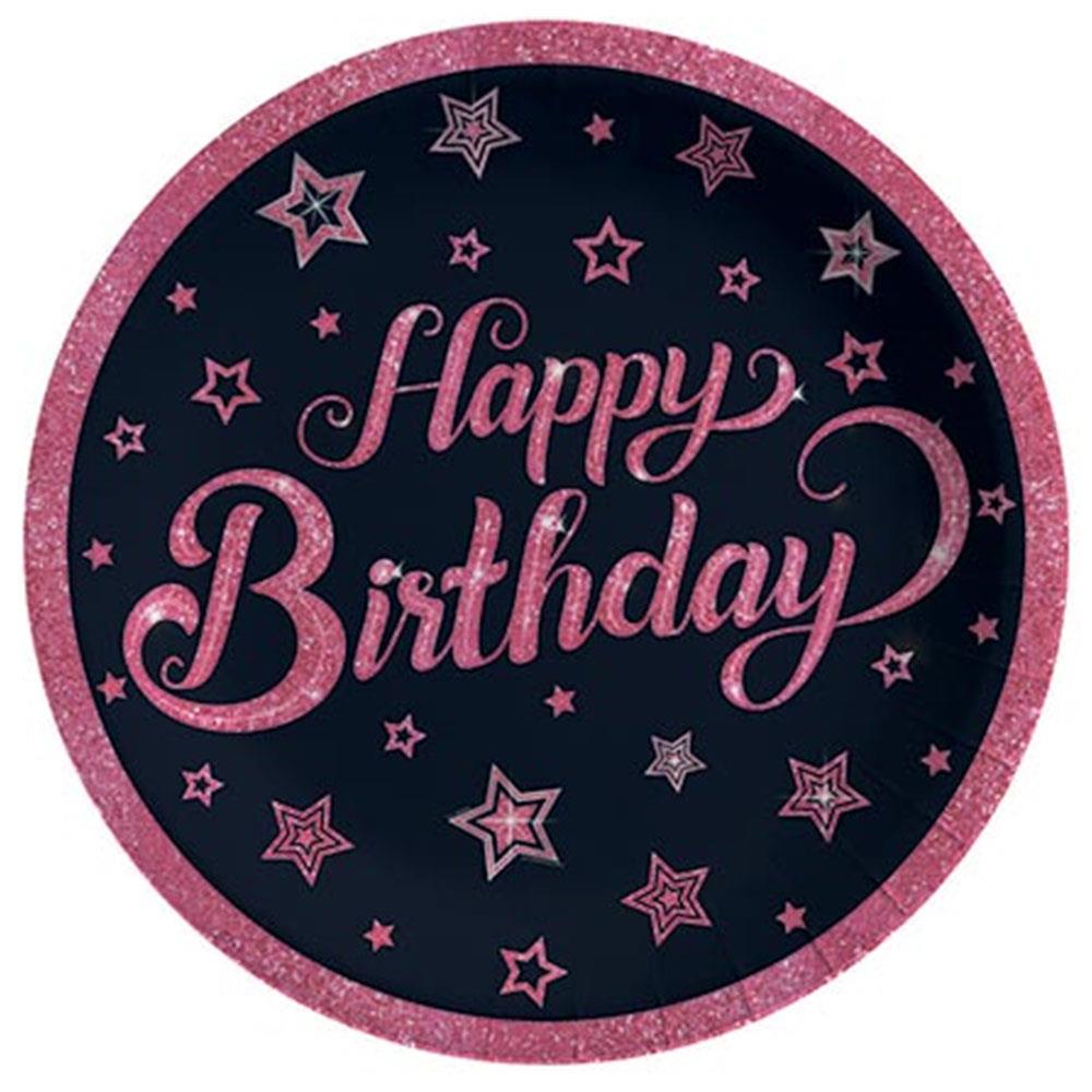 Pink Stars Birthday Karton Tabak 23 cm 8'li