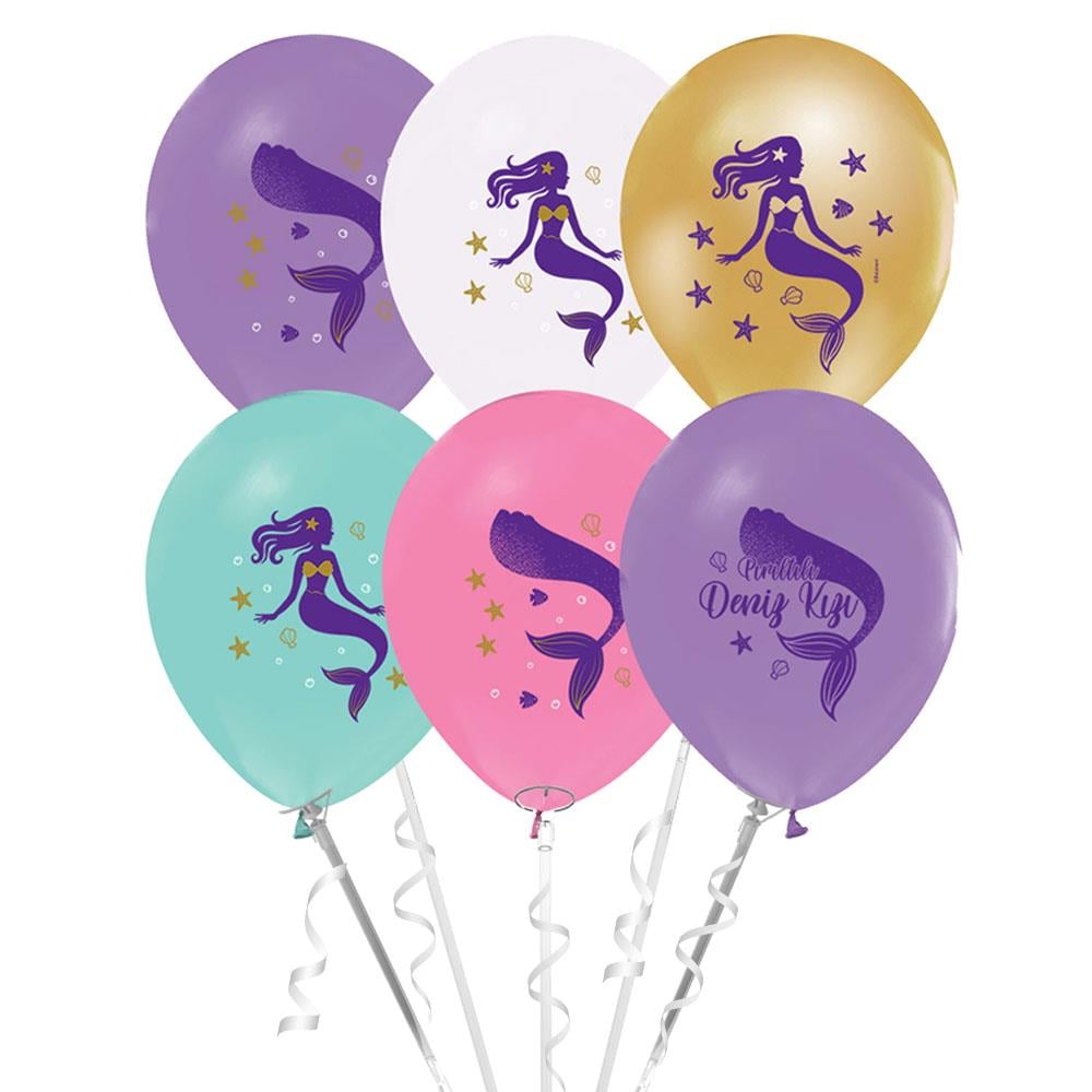 Pırıltılı Deniz Kızı Baskılı Lateks Balon 10'lu