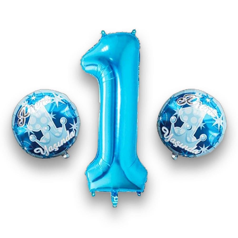Prens 1 Yaşında Mavi Folyo Balon Set 3'lü